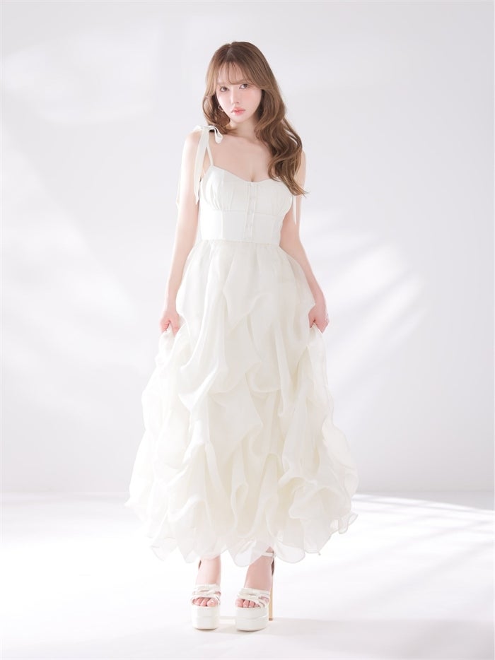 ROBE de FLEURS ローブドフルール 【XS～Lサイズあり】 ショルダーリボンバルーンフリルロングキャバドレス fm4687