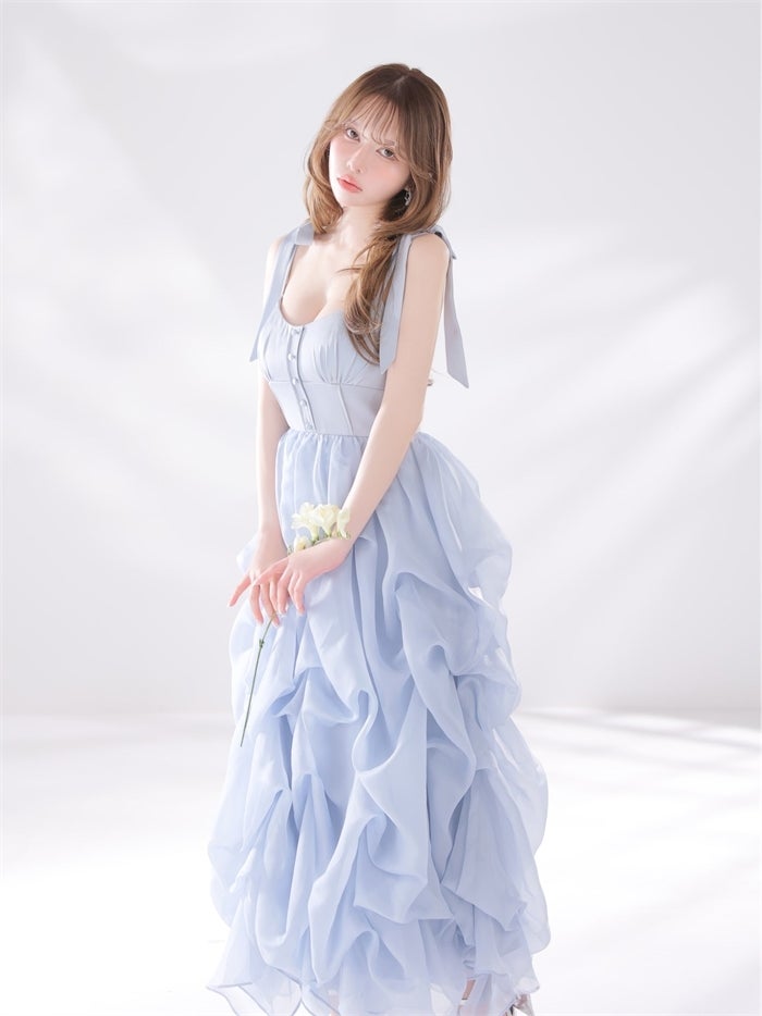 ROBE de FLEURS ローブドフルール 【XS～Lサイズあり】 ショルダーリボンバルーンフリルロングキャバドレス fm4687