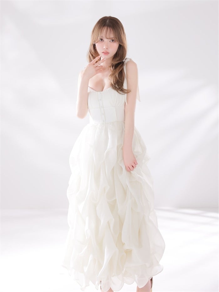 ROBE de FLEURS ローブドフルール 【XS～Lサイズあり】 ショルダーリボンバルーンフリルロングキャバドレス fm4687