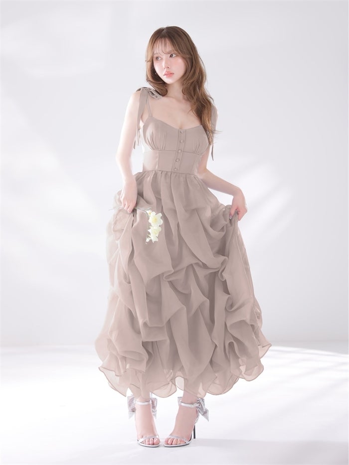 ROBE de FLEURS ローブドフルール 【XS～Lサイズあり】 ショルダーリボンバルーンフリルロングキャバドレス fm4687