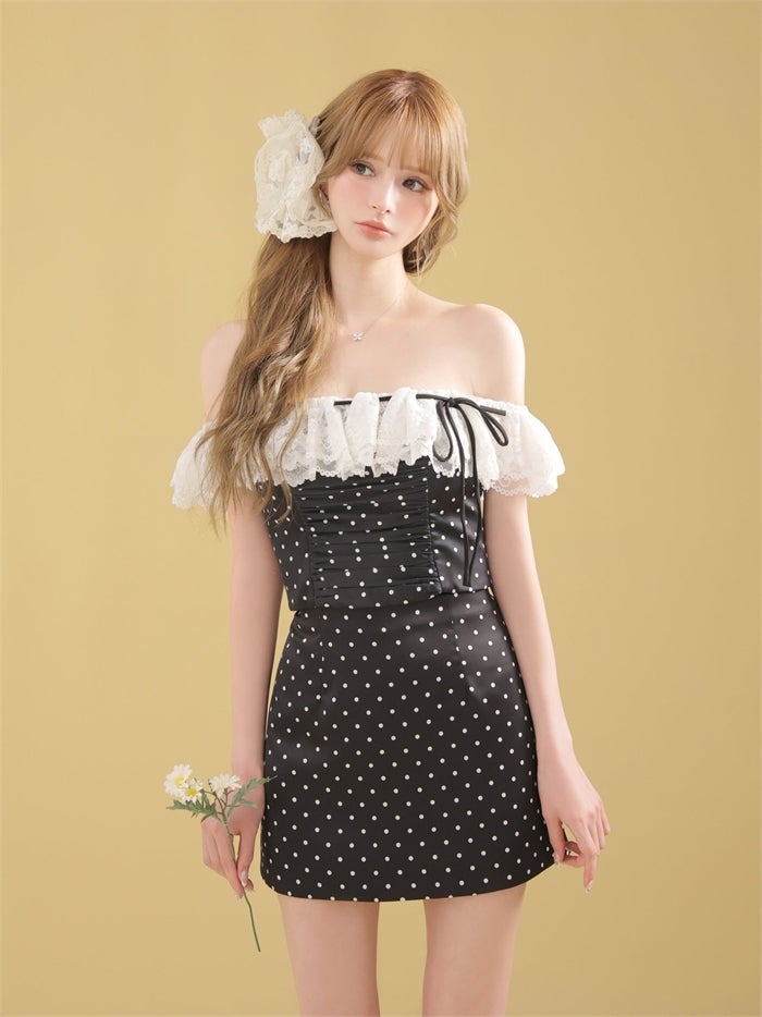 ROBE de FLEURS ローブドフルール 【XSサイズあり】ドットオフショルリボンセットアップミニキャバドレス fm4805