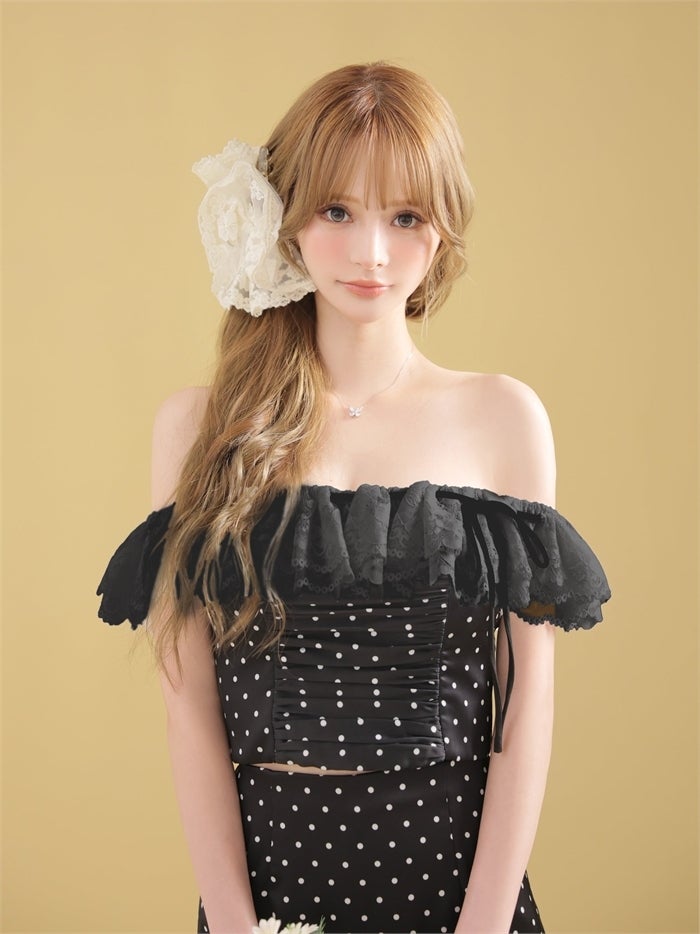 ROBE de FLEURS ローブドフルール 【XSサイズあり】ドットオフショルリボンセットアップミニキャバドレス fm4805