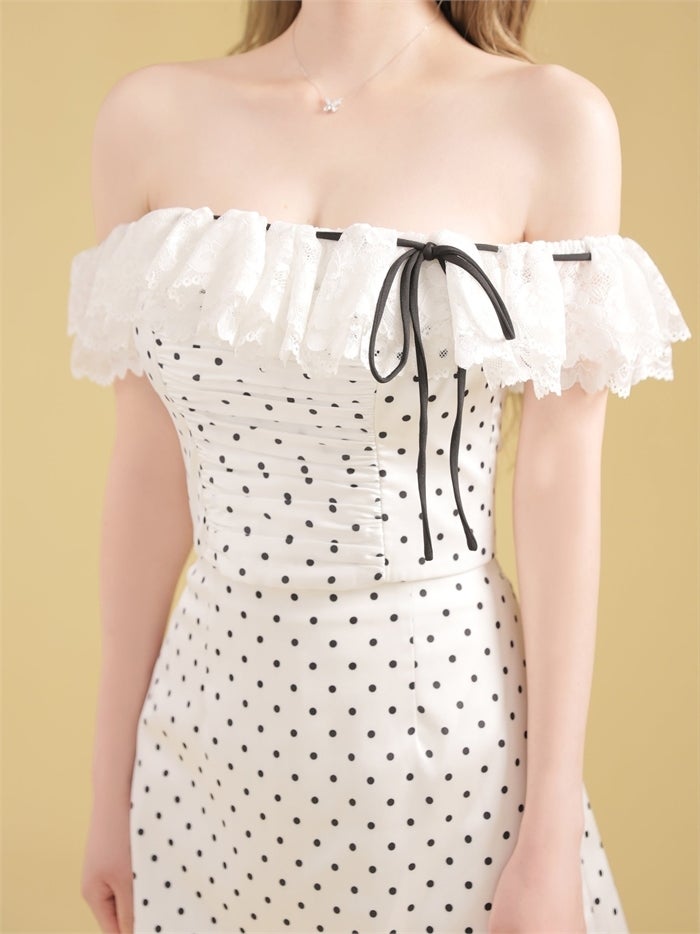 ROBE de FLEURS ローブドフルール 【XSサイズあり】ドットオフショルリボンセットアップミニキャバドレス fm4805