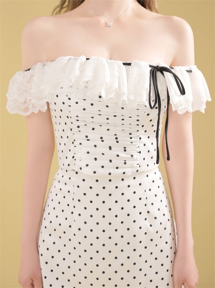 ROBE de FLEURS ローブドフルール 【XSサイズあり】ドットオフショルリボンセットアップミニキャバドレス fm4805