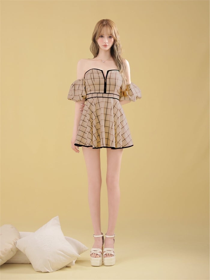 ROBE de FLEURS ローブドフルール 【XS～Lサイズあり】 チェックツイルオフショルバストジップミニキャバドレス fm4658