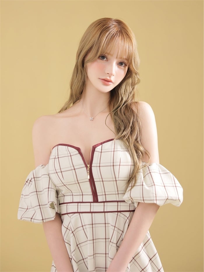ROBE de FLEURS ローブドフルール 【XS～Lサイズあり】 チェックツイルオフショルバストジップミニキャバドレス fm4658