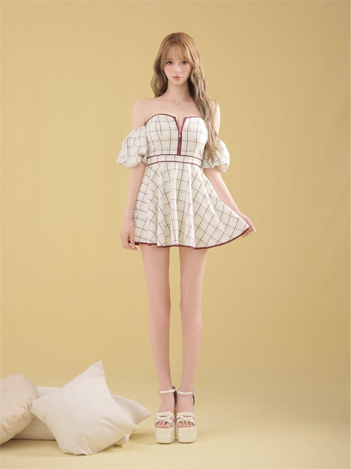 ROBE de FLEURS ローブドフルール 【XS～Lサイズあり】 チェックツイルオフショルバストジップミニキャバドレス fm4658