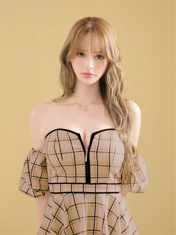 ROBE de FLEURS ローブドフルール 【XS～Lサイズあり】 チェックツイルオフショルバストジップミニキャバドレス fm4658
