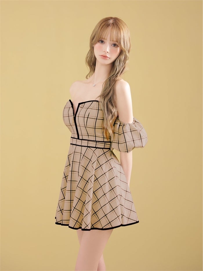 ROBE de FLEURS ローブドフルール 【XS～Lサイズあり】 チェックツイルオフショルバストジップミニキャバドレス fm4658