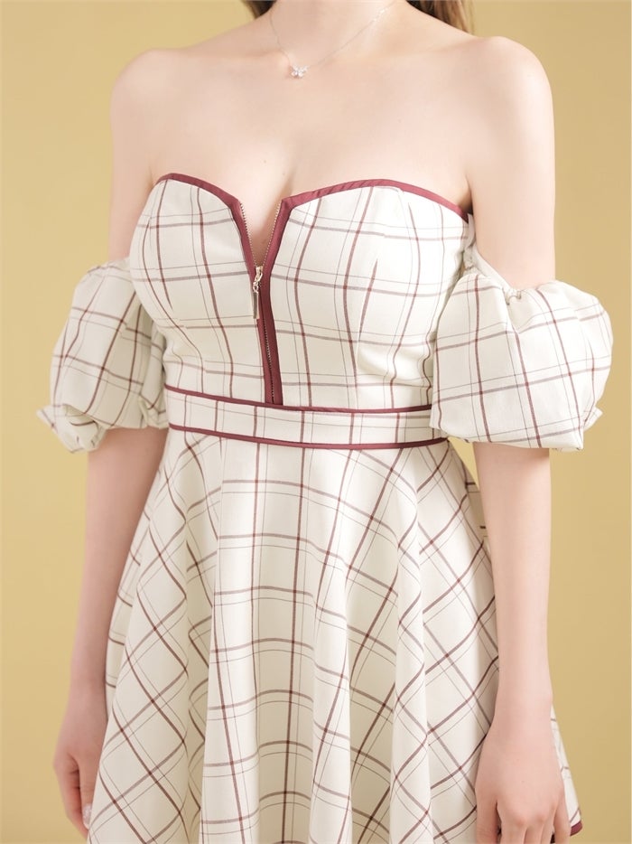 ROBE de FLEURS ローブドフルール 【XS～Lサイズあり】 チェックツイルオフショルバストジップミニキャバドレス fm4658