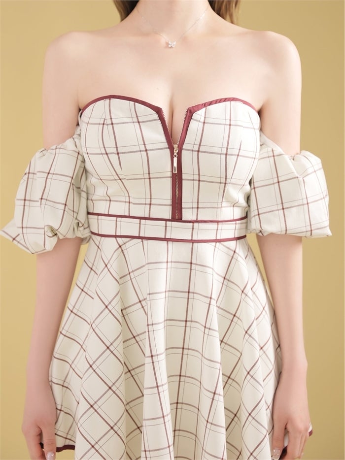 ROBE de FLEURS ローブドフルール 【XS～Lサイズあり】 チェックツイルオフショルバストジップミニキャバドレス fm4658