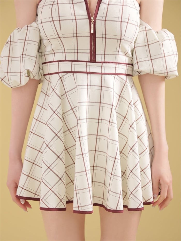 ROBE de FLEURS ローブドフルール 【XS～Lサイズあり】 チェックツイルオフショルバストジップミニキャバドレス fm4658