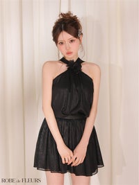 ROBE de FLEURS ローブドフルール 【XSサイズあり】フラワーブローチホルターネックラメフレアミニキャバドレス fm4649