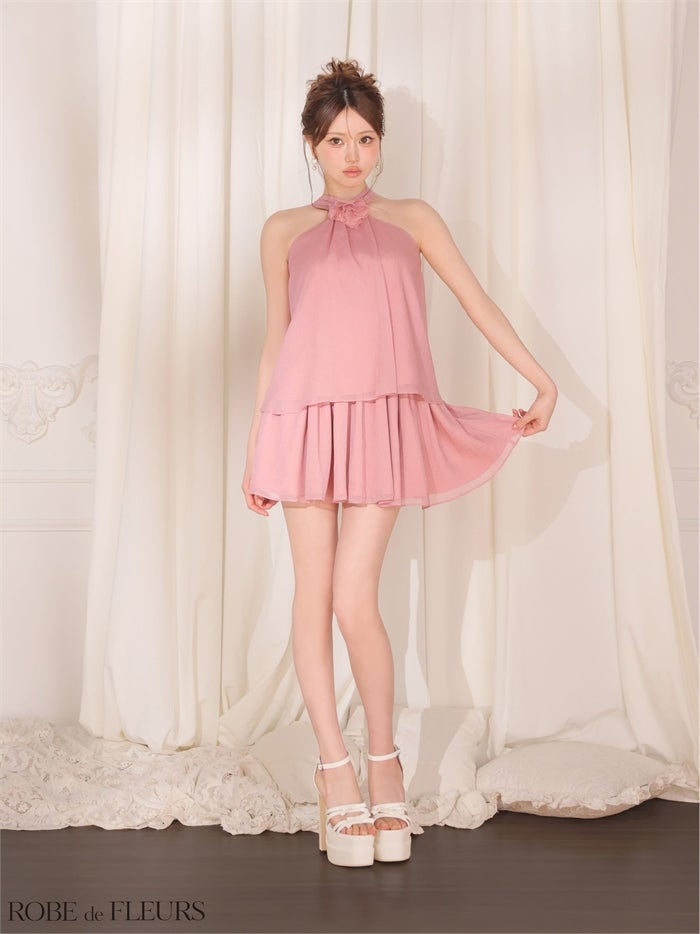ROBE de FLEURS ローブドフルール 【XSサイズあり】フラワーブローチホルターネックラメフレアミニキャバドレス fm4649