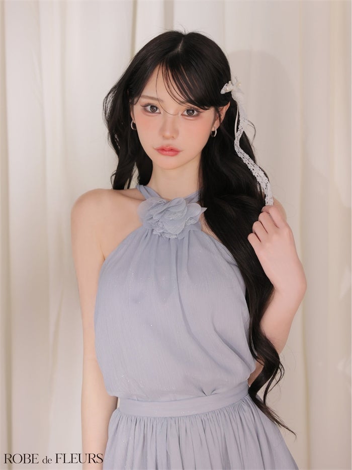 ROBE de FLEURS ローブドフルール 【XSサイズあり】フラワーブローチホルターネックラメフレアミニキャバドレス fm4649