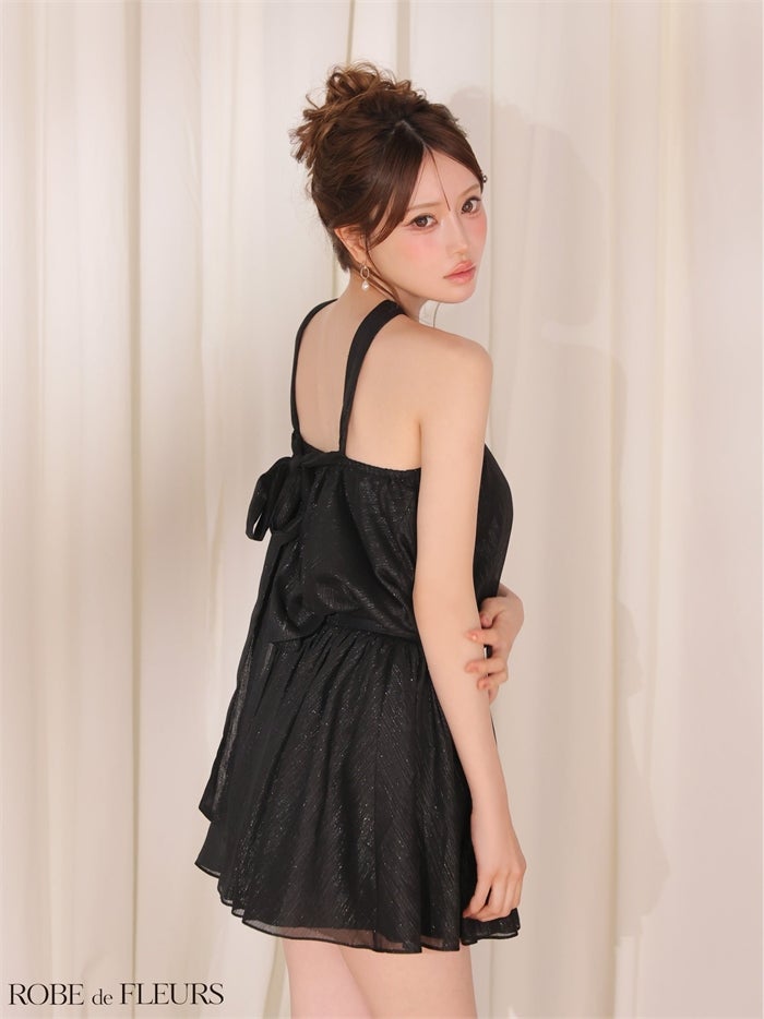 ROBE de FLEURS ローブドフルール 【XSサイズあり】フラワーブローチホルターネックラメフレアミニキャバドレス fm4649