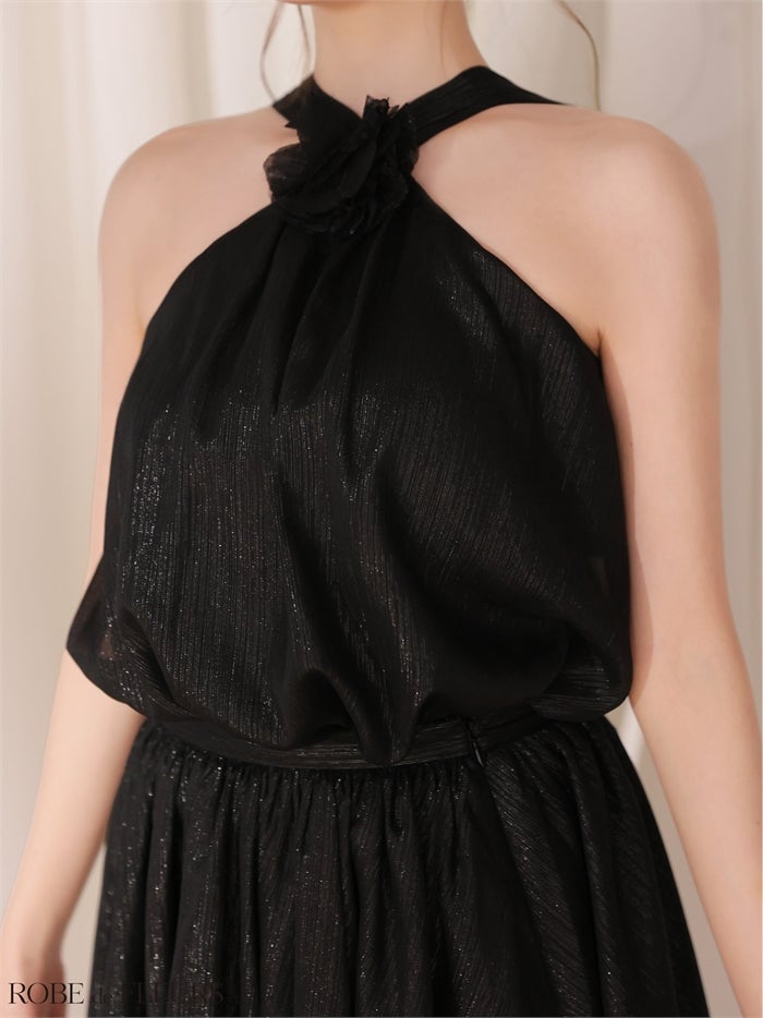 ROBE de FLEURS ローブドフルール 【XSサイズあり】フラワーブローチホルターネックラメフレアミニキャバドレス fm4649