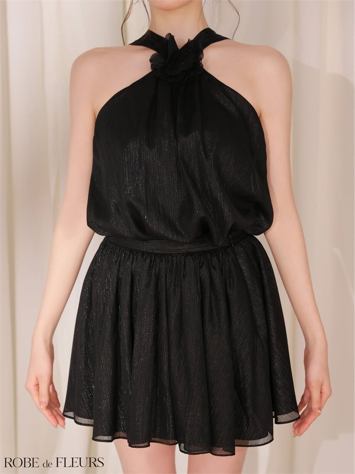 ROBE de FLEURS ローブドフルール 【XSサイズあり】フラワーブローチホルターネックラメフレアミニキャバドレス fm4649
