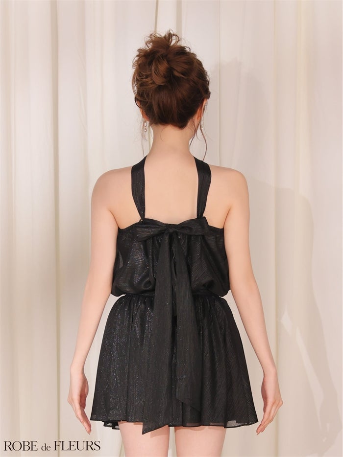 ROBE de FLEURS ローブドフルール 【XSサイズあり】フラワーブローチホルターネックラメフレアミニキャバドレス fm4649