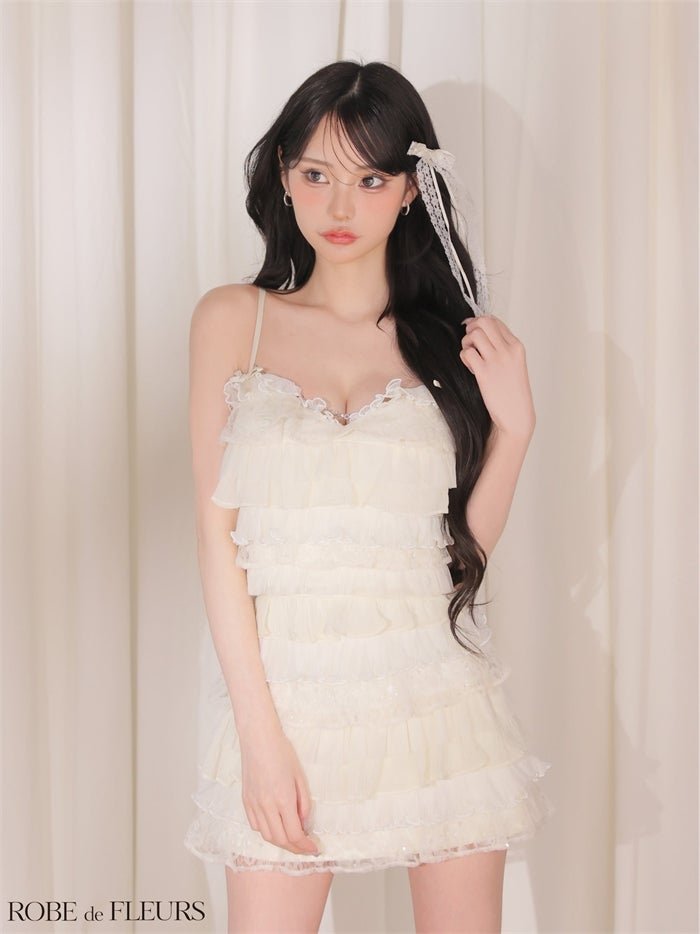 ROBE de FLEURS ローブドフルール 【XSサイズあり】フラワーレースティアードフリルミニキャバドレス fm4673