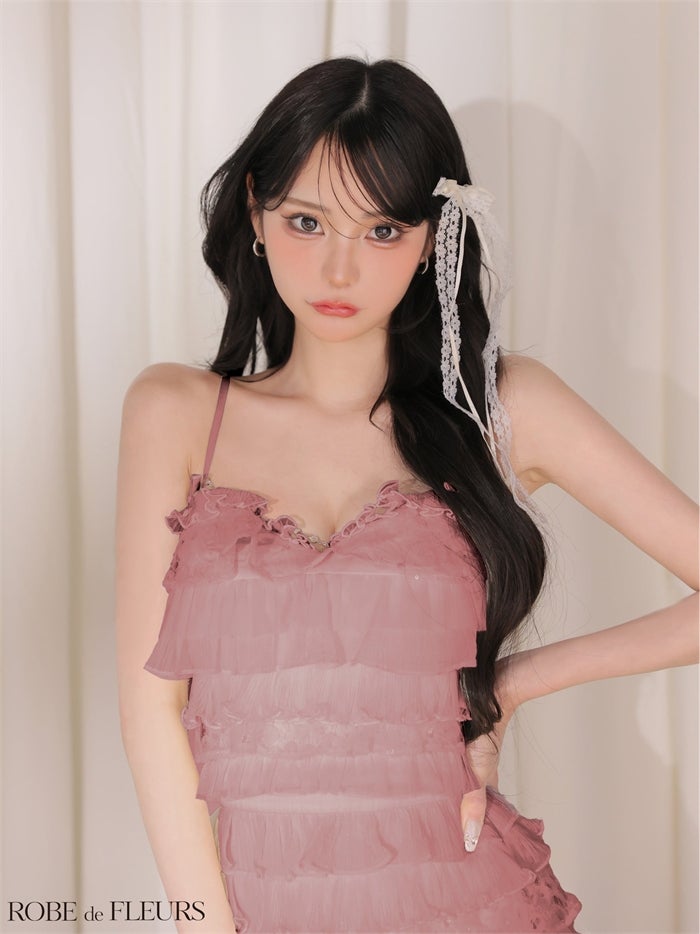 ROBE de FLEURS ローブドフルール 【XSサイズあり】フラワーレースティアードフリルミニキャバドレス fm4673