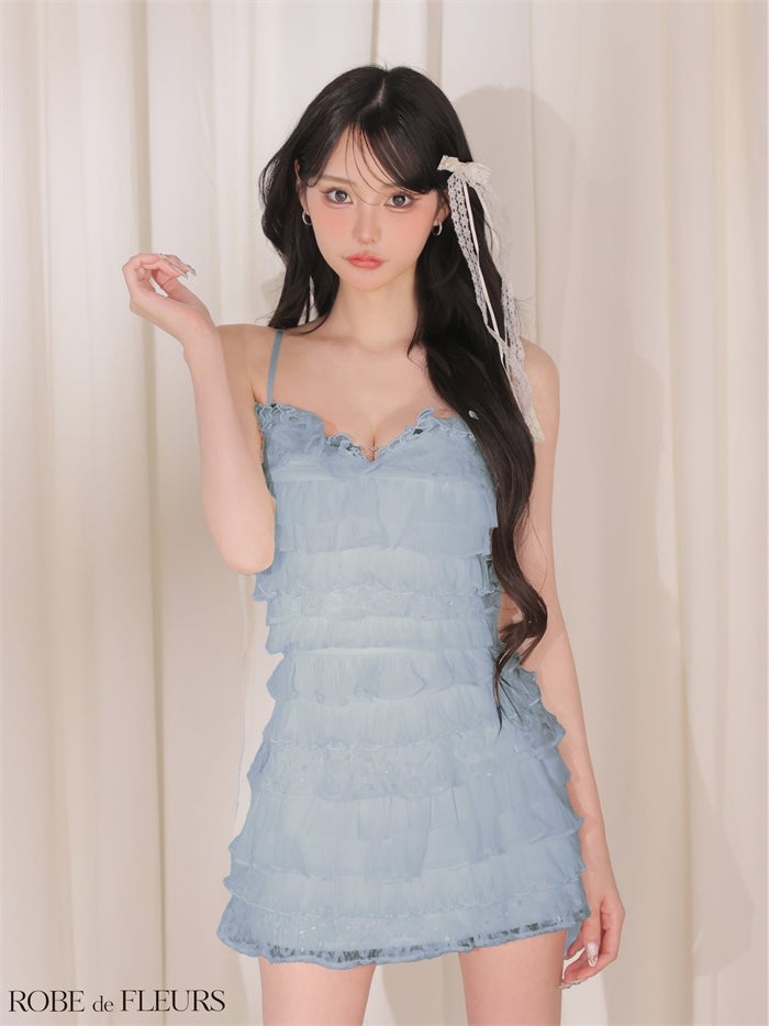 ROBE de FLEURS ローブドフルール 【XSサイズあり】フラワーレースティアードフリルミニキャバドレス fm4673
