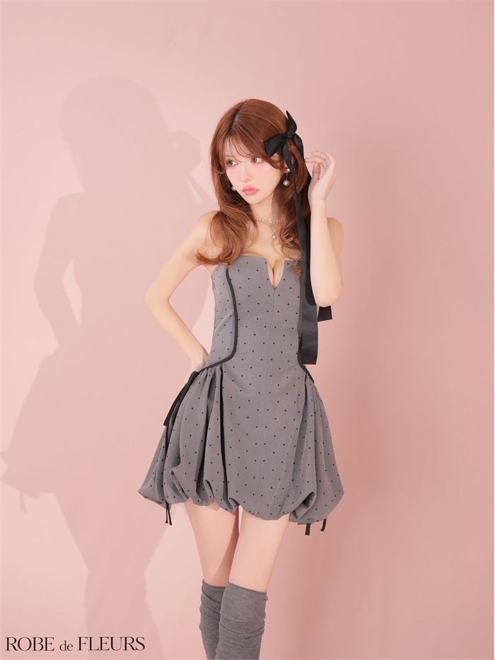 ROBE de FLEURS ローブドフルール ドット柄バルーンミニキャバドレス fm4702