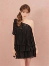 ROBE de FLEURS ローブドフルール ラメシフォンワンショルダーフリルセットアップミニキャバドレス fm4934-c
