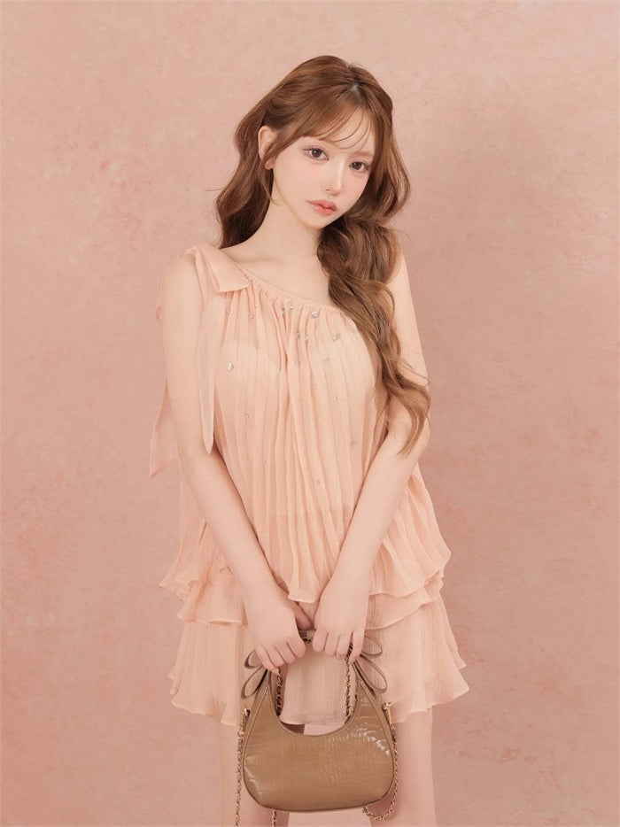 ROBE de FLEURS ローブドフルール ラメシフォンワンショルダーフリルセットアップミニキャバドレス fm4934-c