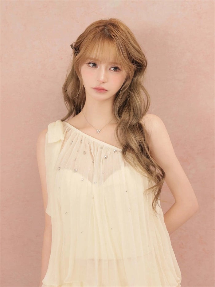 ROBE de FLEURS ローブドフルール ラメシフォンワンショルダーフリルセットアップミニキャバドレス fm4934-c