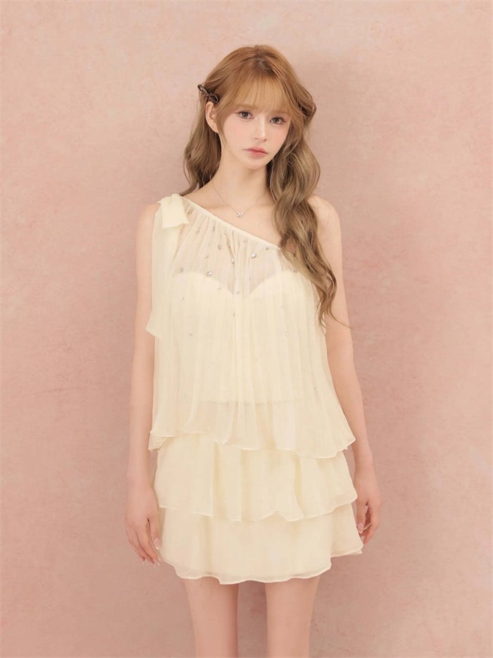 ROBE de FLEURS ローブドフルール ラメシフォンワンショルダーフリルセットアップミニキャバドレス fm4934-c
