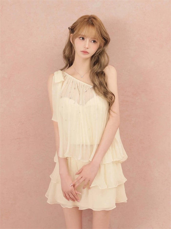 ROBE de FLEURS ローブドフルール ラメシフォンワンショルダーフリルセットアップミニキャバドレス fm4934-c