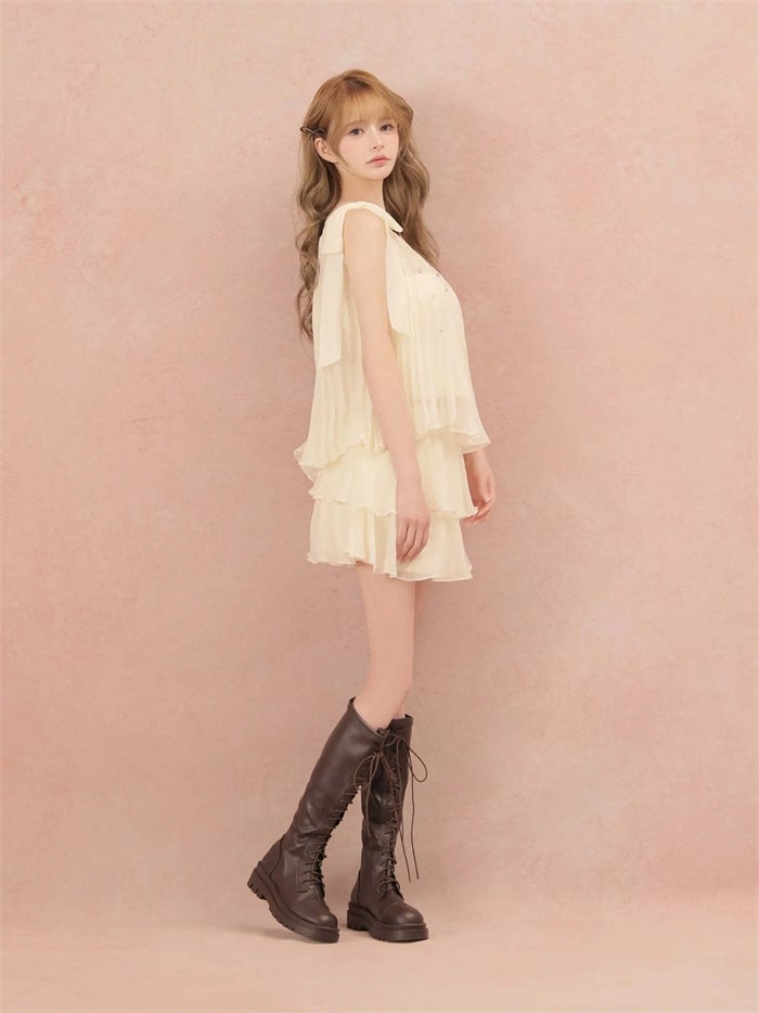 ROBE de FLEURS ローブドフルール ラメシフォンワンショルダーフリルセットアップミニキャバドレス fm4934-c