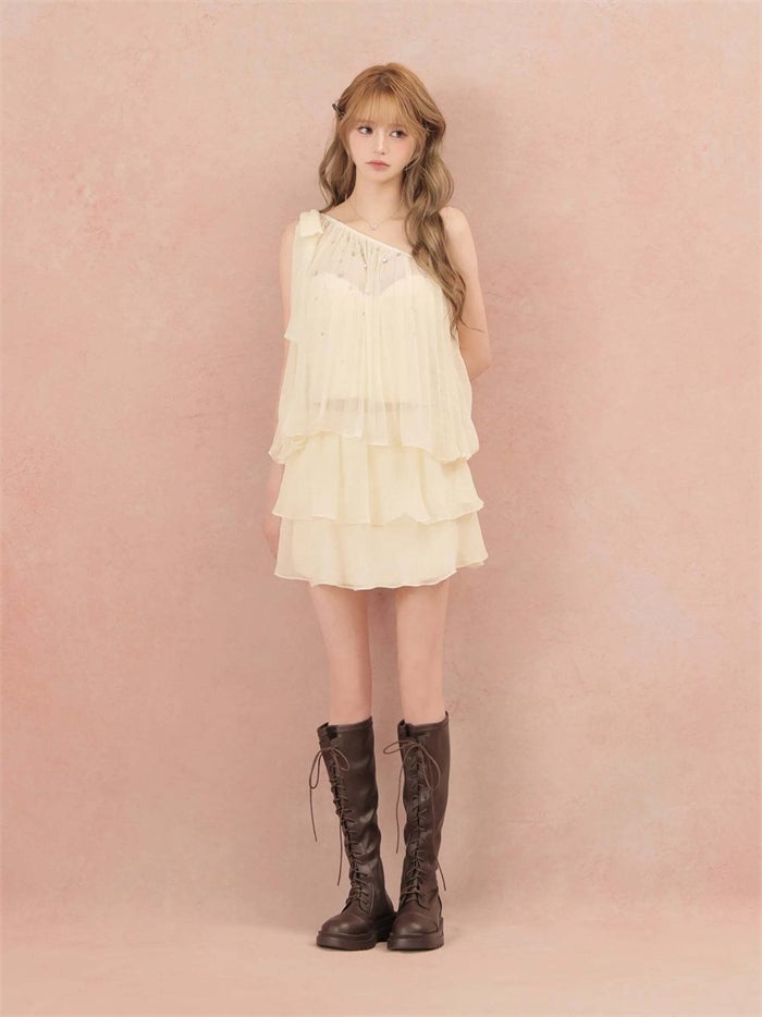ROBE de FLEURS ローブドフルール ラメシフォンワンショルダーフリルセットアップミニキャバドレス fm4934-c