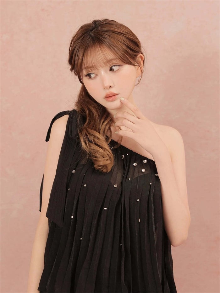 ROBE de FLEURS ローブドフルール ラメシフォンワンショルダーフリルセットアップミニキャバドレス fm4934-c