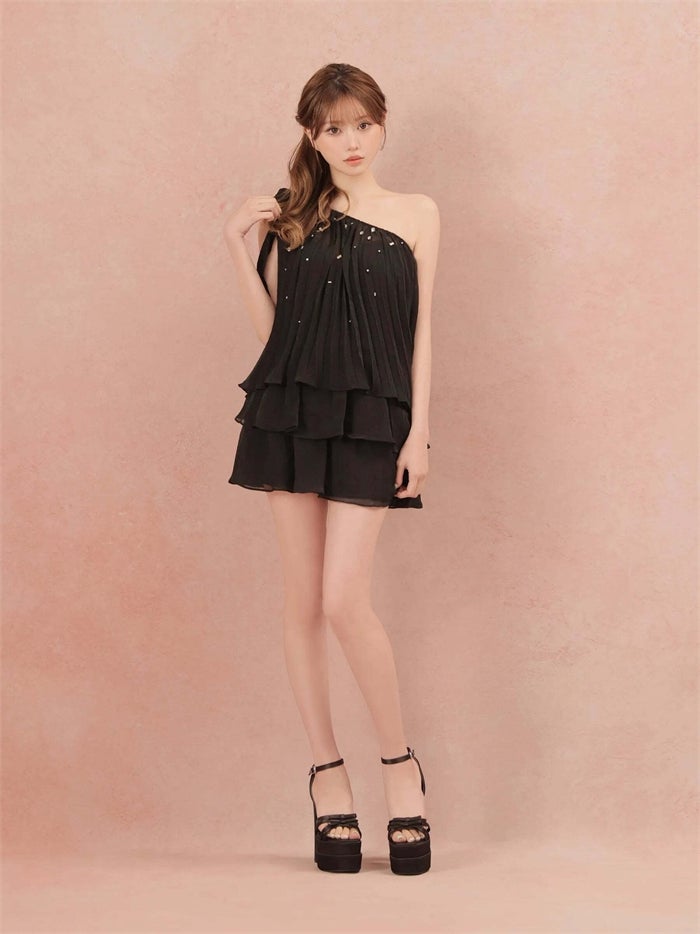 ROBE de FLEURS ローブドフルール ラメシフォンワンショルダーフリルセットアップミニキャバドレス fm4934-c