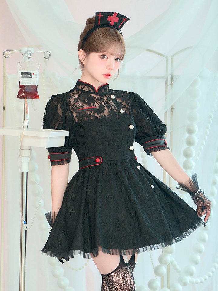 【2点セット】VME HOSPITAL ヴィエムイーホスピタル レースフレアナース ホワイト ブラック vcsnr-260138-my