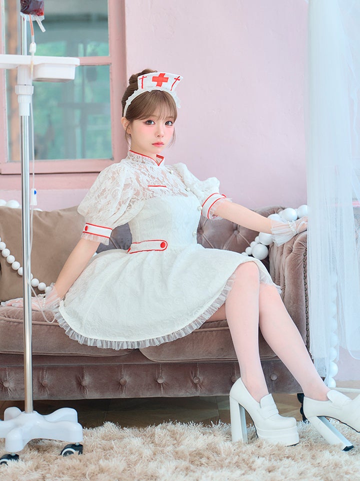 【2点セット】VME HOSPITAL ヴィエムイーホスピタル レースフレアナース ホワイト ブラック vcsnr-260138-my