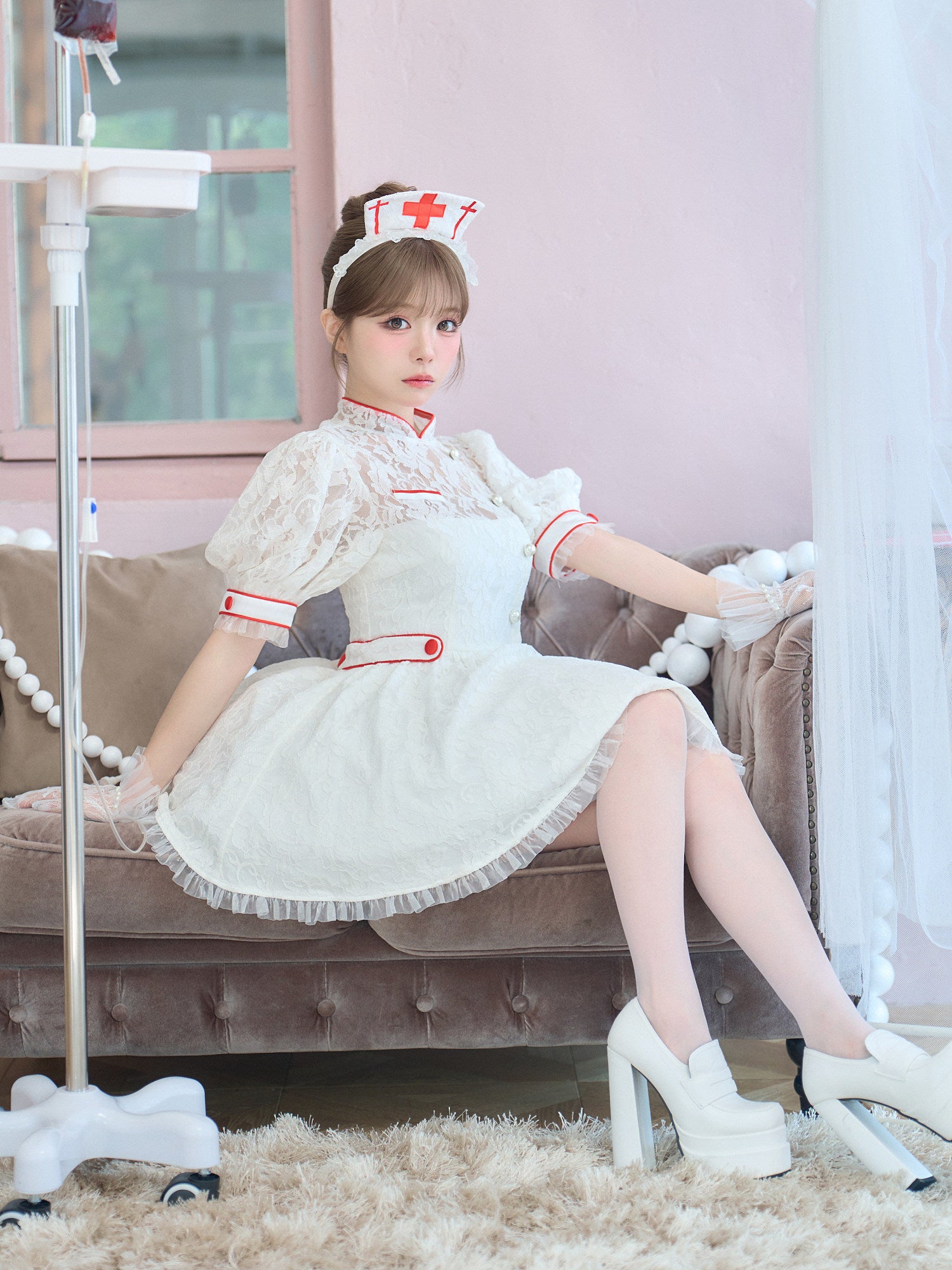 【2点セット】VME HOSPITAL ヴィエムイーホスピタル レースフレアナース ホワイト ブラック vcsnr-260138-my