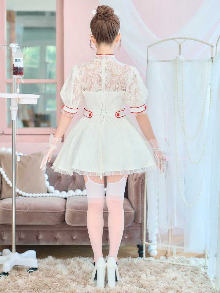 【2点セット】VME HOSPITAL ヴィエムイーホスピタル レースフレアナース ホワイト ブラック vcsnr-260138-my
