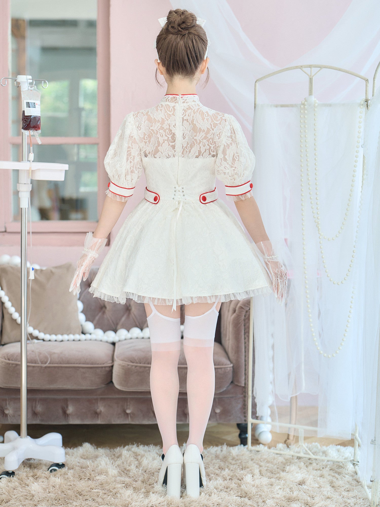 【2点セット】VME HOSPITAL ヴィエムイーホスピタル レースフレアナース ホワイト ブラック vcsnr-260138-my