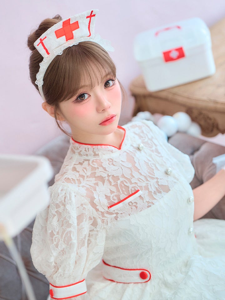 【2点セット】VME HOSPITAL ヴィエムイーホスピタル レースフレアナース ホワイト ブラック vcsnr-260138-my