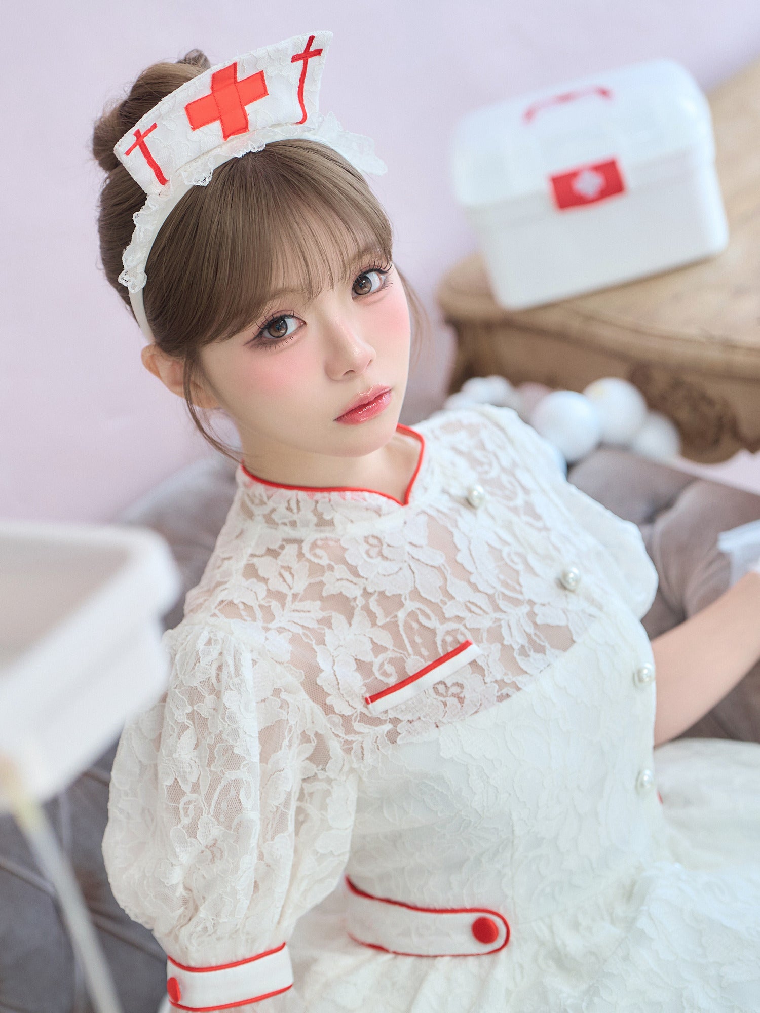【2点セット】VME HOSPITAL ヴィエムイーホスピタル レースフレアナース ホワイト ブラック vcsnr-260138-my