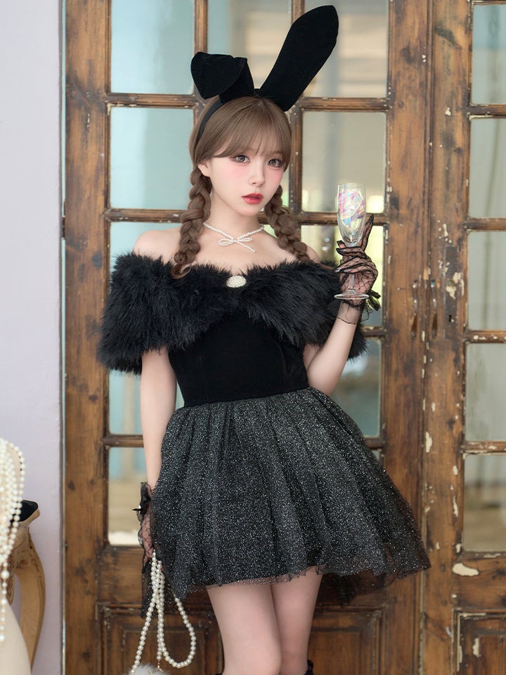 【2点セット】Mademoiselle Noble Bunny マドモアゼルノーブルバニー ファーフレアバニー ブラック×ブラック vcsbn-26010-1-my-wh