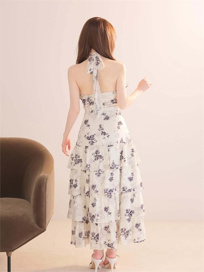 DEA. ディア バイ ローブドフルール フラワージャガードホルターロングティアードキャバドレス de5205