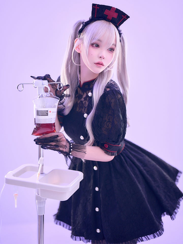 【2点セット】VME HOSPITAL ヴィエムイーホスピタル レースフレアナース ホワイト ブラック vcsnr-260138-no-ac