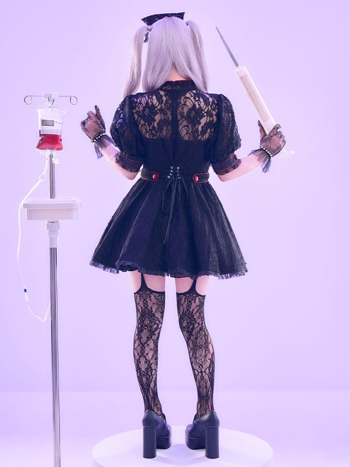 【2点セット】VME HOSPITAL ヴィエムイーホスピタル レースフレアナース ホワイト ブラック vcsnr-260138-no-ac