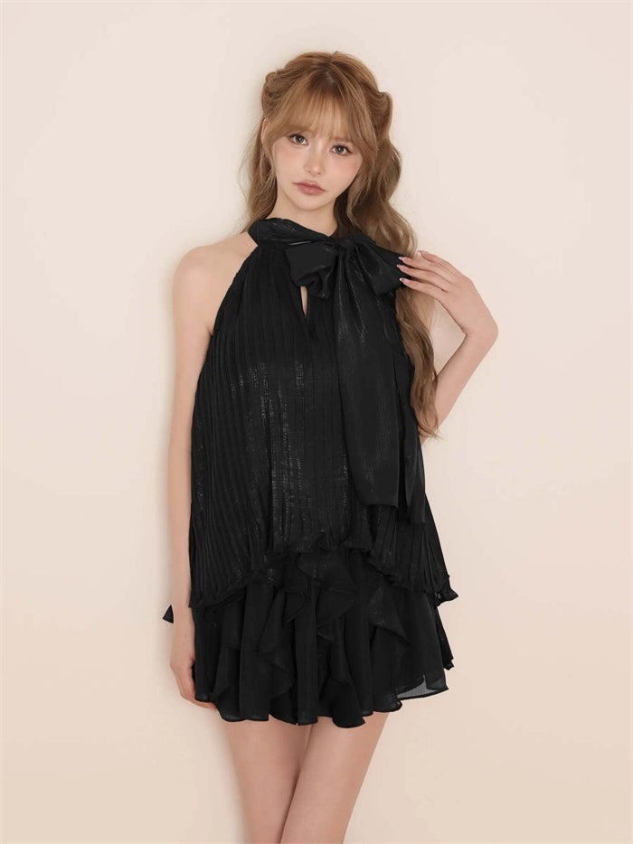 ROBE de FLEURS ローブドフルール リボンホルタープリーツシフォンセットアップミニキャバドレス fm4913-c