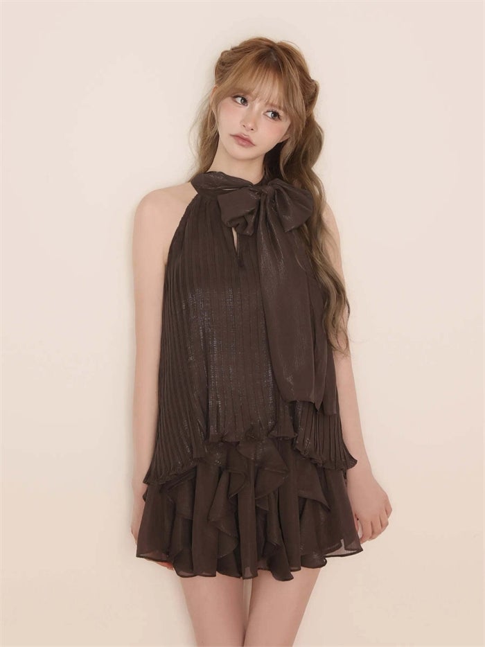 ROBE de FLEURS ローブドフルール リボンホルタープリーツシフォンセットアップミニキャバドレス fm4913-c