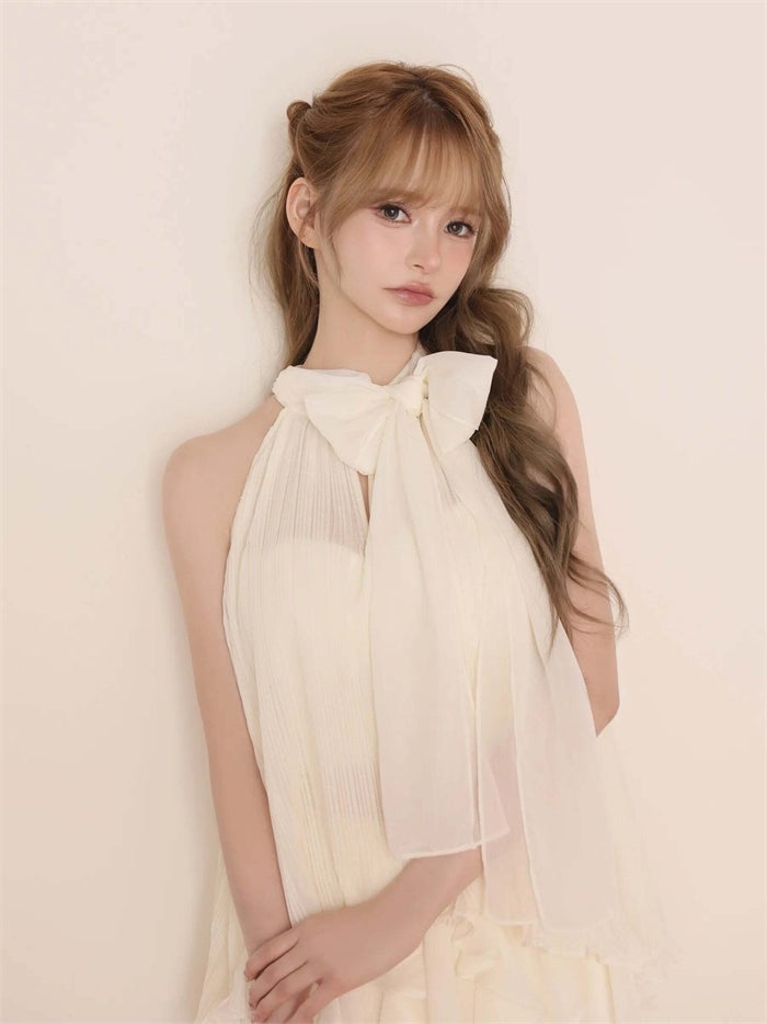 ROBE de FLEURS ローブドフルール リボンホルタープリーツシフォンセットアップミニキャバドレス fm4913-c